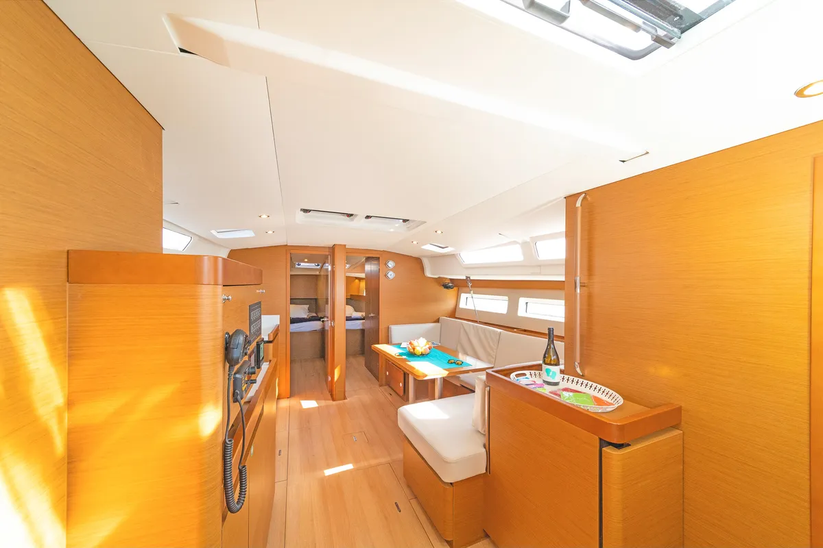 Salon of Funsea, a Jeanneau Sun Odyssey 490 sailboat at Kontokali, Greece