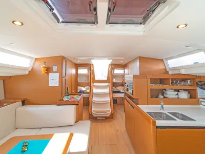 Galley of Funsea, a Jeanneau Sun Odyssey 490 sailboat at Kontokali, Greece