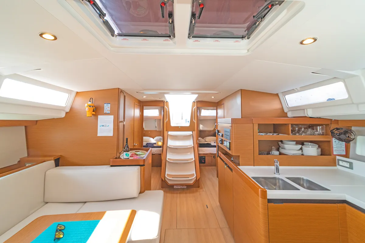 Galley of Funsea, a Jeanneau Sun Odyssey 490 sailboat at Kontokali, Greece