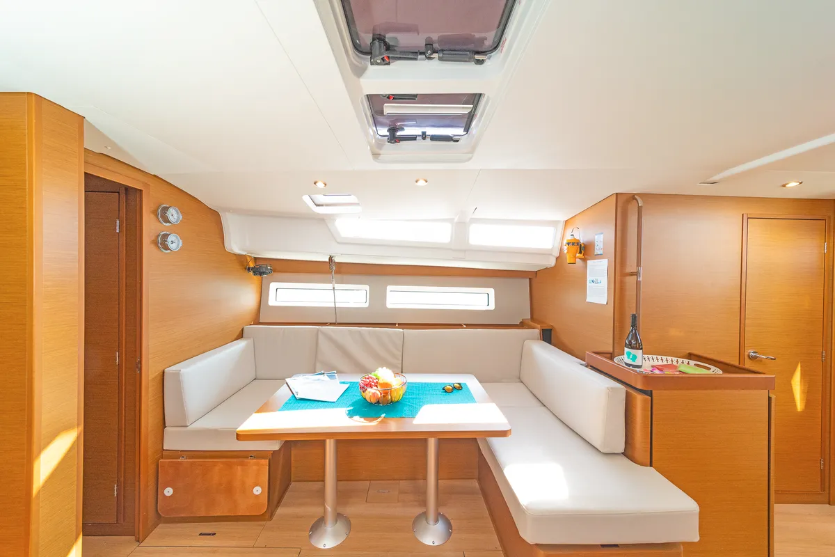 Salon of Funsea, a Jeanneau Sun Odyssey 490 sailboat at Kontokali, Greece