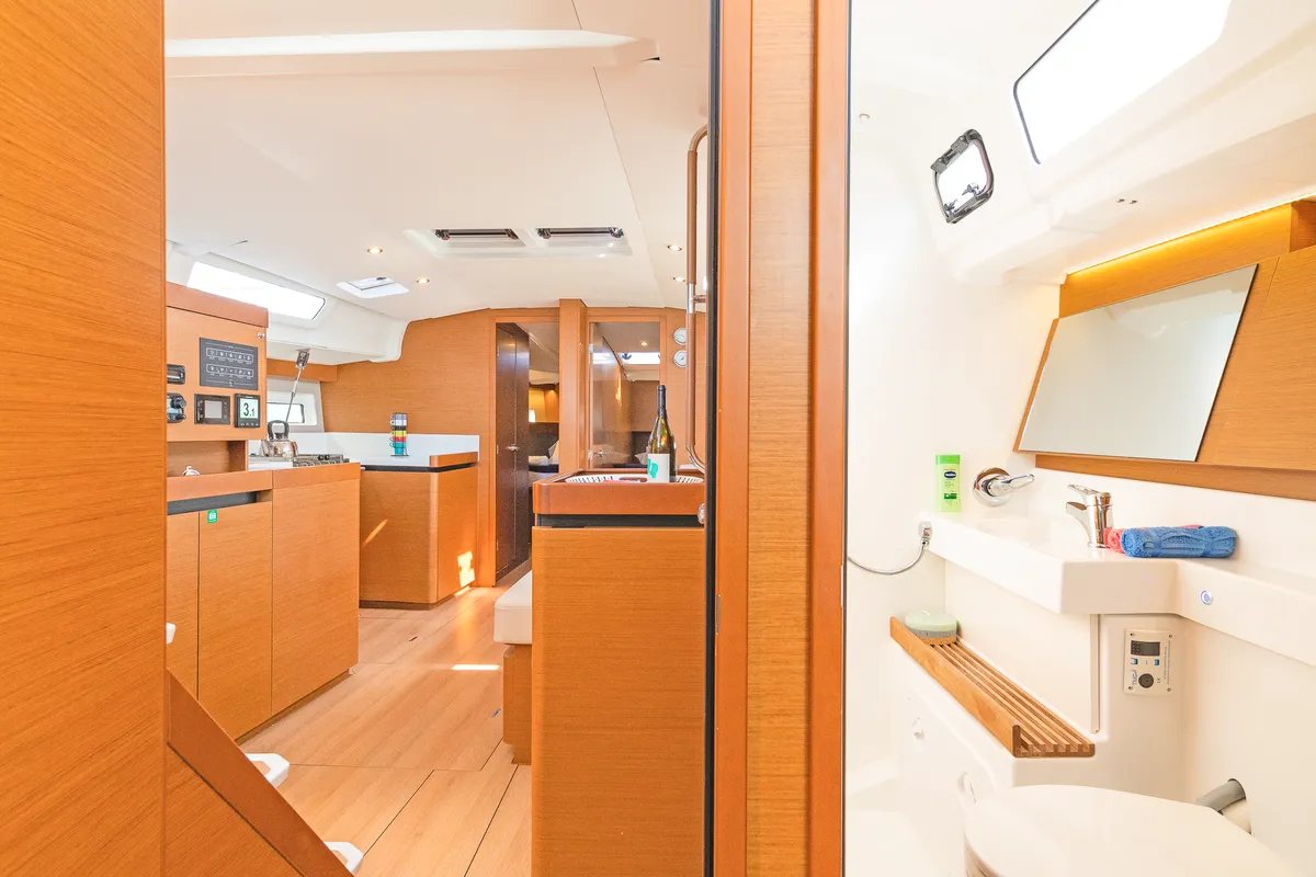 Head on Funsea, a Jeanneau Sun Odyssey 490 sailboat at Kontokali, Greece