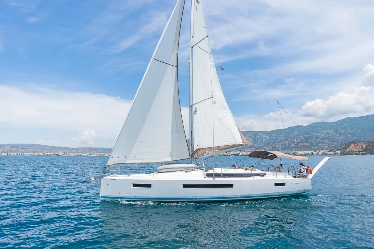 Exterior view of Funsea, a Jeanneau Sun Odyssey 490 sailboat at Kontokali, Greece