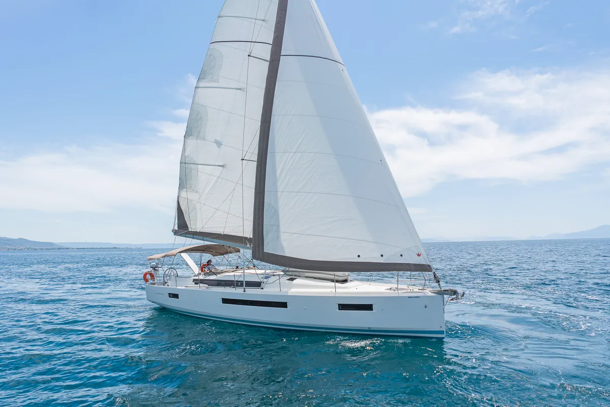 Exterior view of Funsea, a Jeanneau Sun Odyssey 490 sailboat at Kontokali, Greece