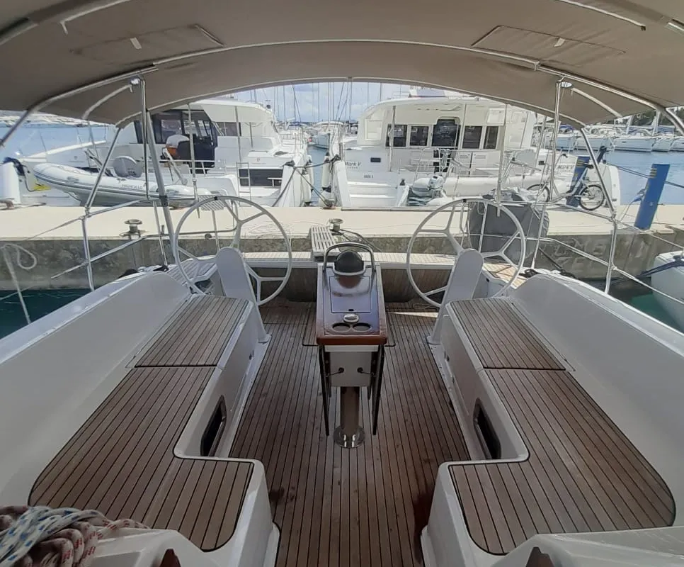 Cockpit of PENELOPE, a Bavaria Cruiser 46 sailboat at Sukošan, Croatia