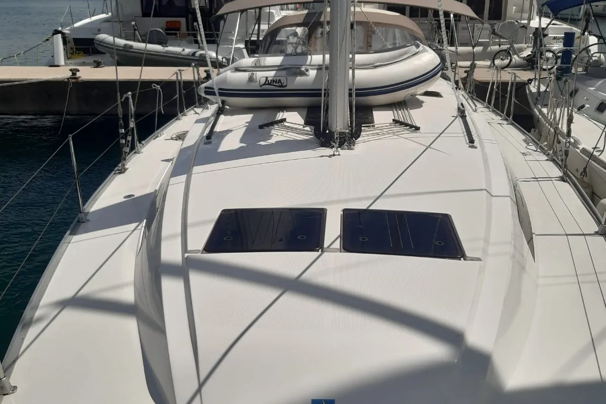 Deck of PENELOPE, a Bavaria Cruiser 46 sailboat at Sukošan, Croatia