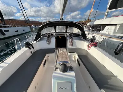 Cockpit of Amelva, a Bavaria Cruiser 46 sailboat at São Pedro, Portugal
