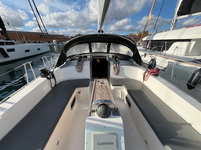 Cockpit of Amelva, a Bavaria Cruiser 46 sailboat at São Pedro, Portugal