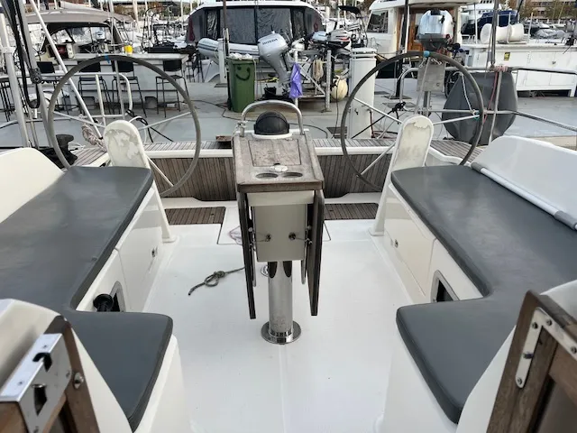 Cockpit of Amelva, a Bavaria Cruiser 46 sailboat at São Pedro, Portugal