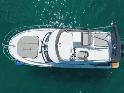 Deck of Raptor, a Jeanneau Merry Fisher 1095 Fly motorboat at Grad Biograd na Moru, Croatia