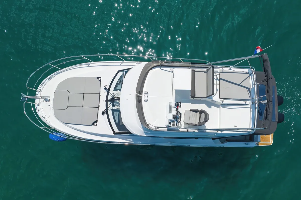 Deck of Raptor, a Jeanneau Merry Fisher 1095 Fly motorboat at Grad Biograd na Moru, Croatia