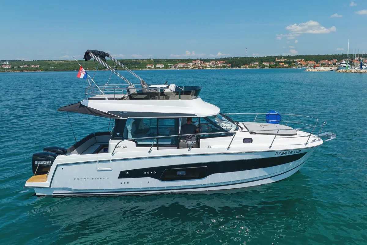 Exterior view of Raptor, a Jeanneau Merry Fisher 1095 Fly motorboat at Grad Biograd na Moru, Croatia
