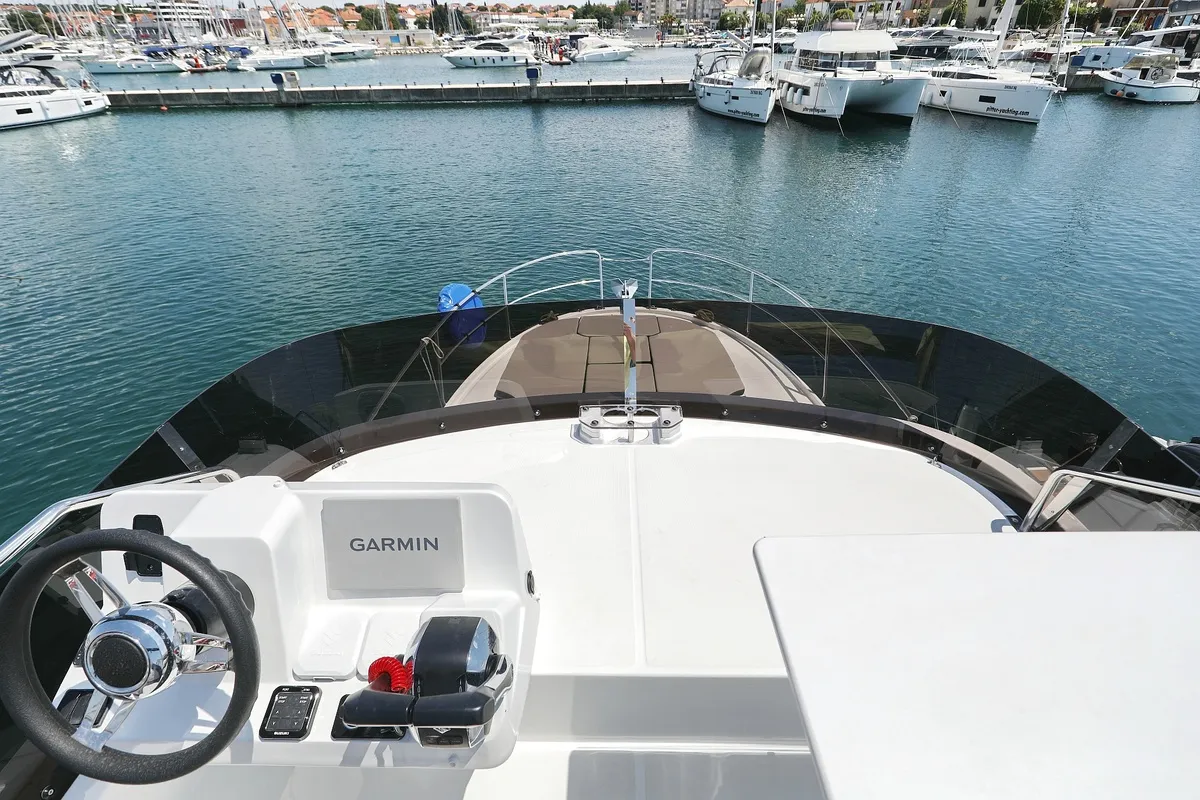 Cockpit of Raptor, a Jeanneau Merry Fisher 1095 Fly motorboat at Grad Biograd na Moru, Croatia