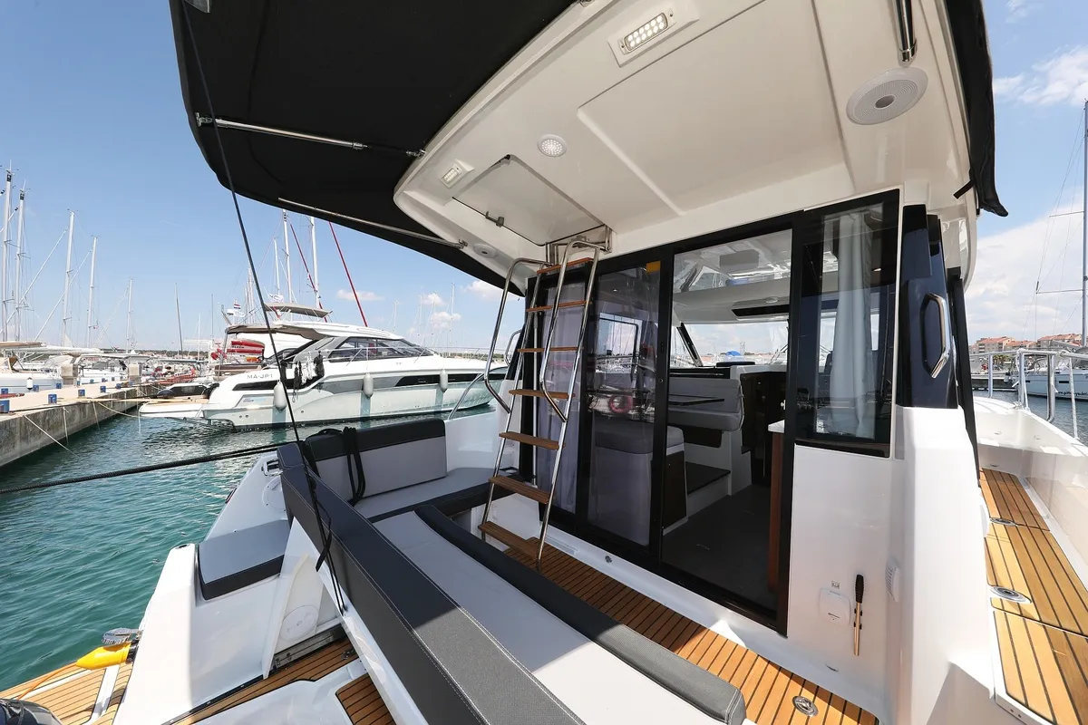 Deck of Raptor, a Jeanneau Merry Fisher 1095 Fly motorboat at Grad Biograd na Moru, Croatia