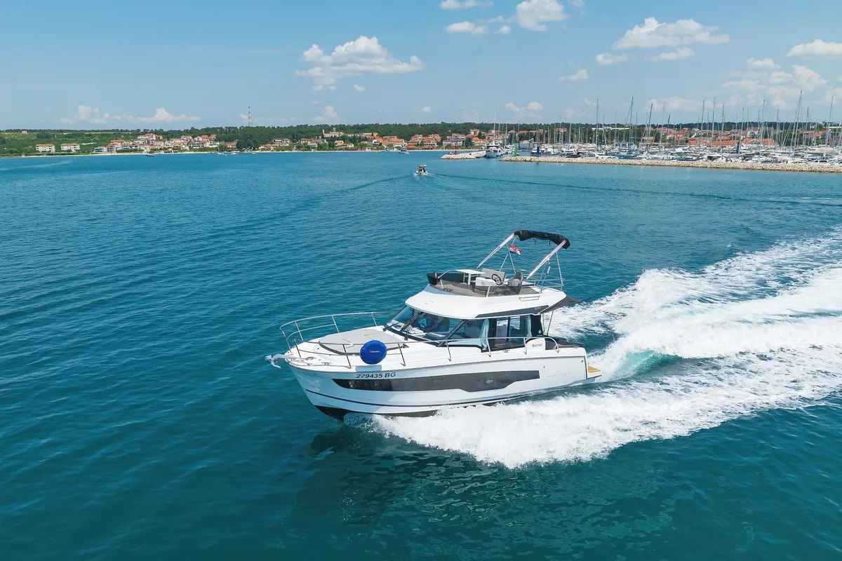 Exterior view of Raptor, a Jeanneau Merry Fisher 1095 Fly motorboat at Grad Biograd na Moru, Croatia