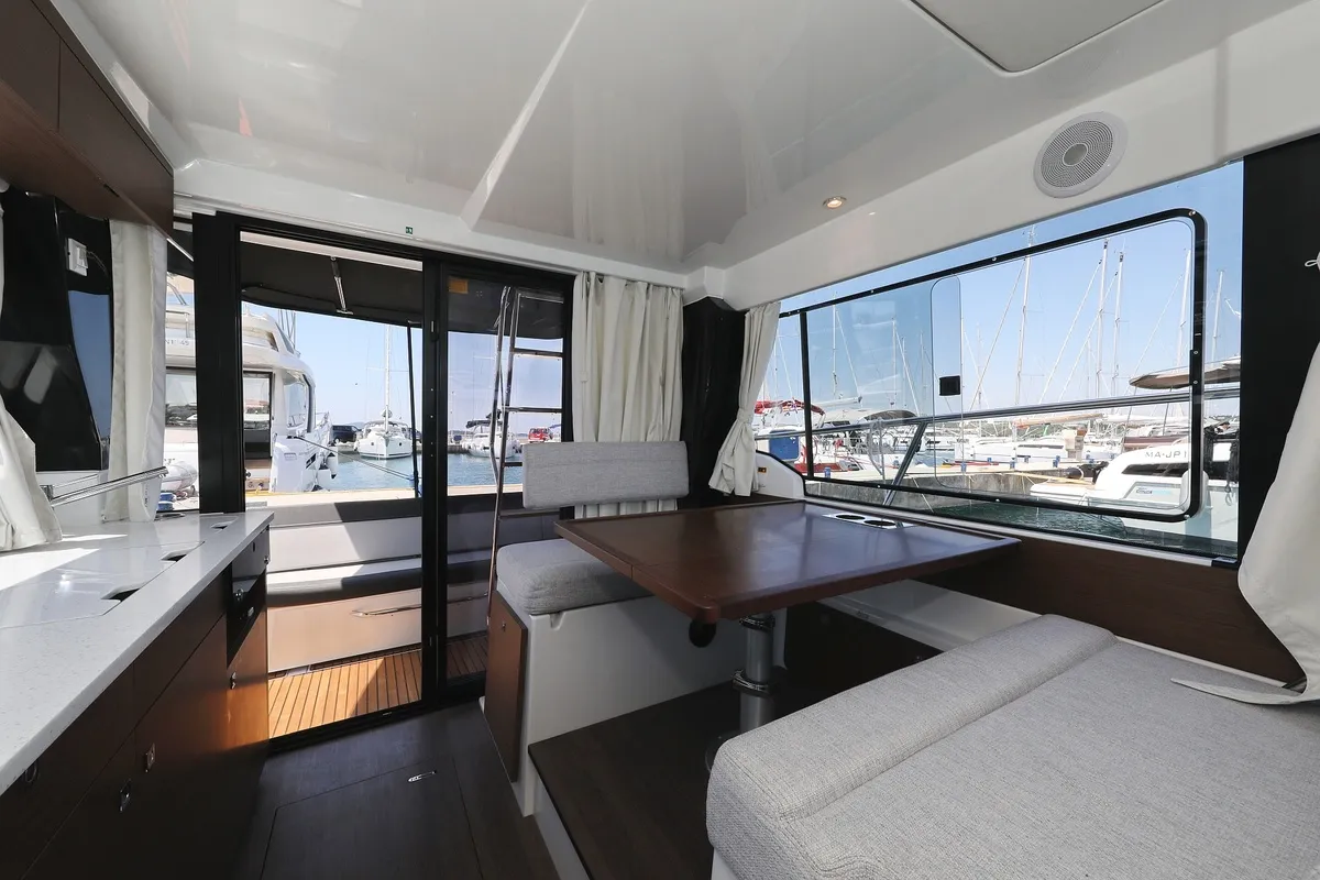 Salon of Raptor, a Jeanneau Merry Fisher 1095 Fly motorboat at Grad Biograd na Moru, Croatia