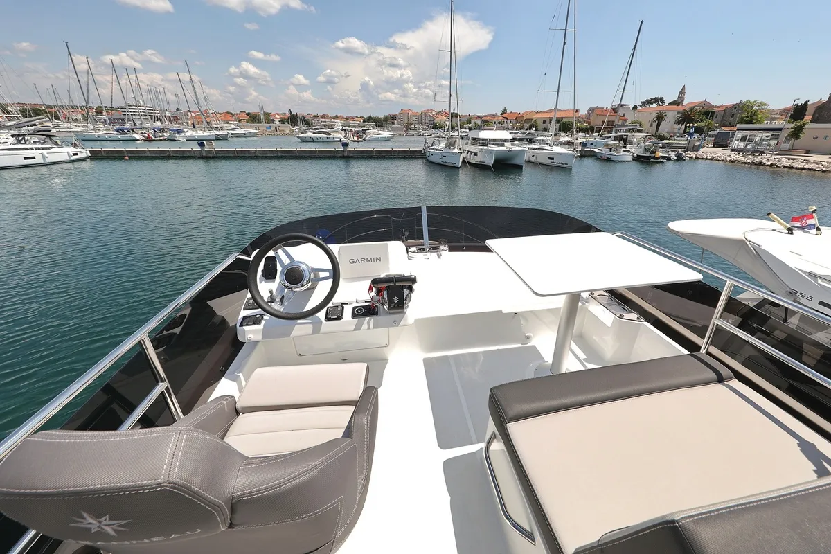 Cockpit of Raptor, a Jeanneau Merry Fisher 1095 Fly motorboat at Grad Biograd na Moru, Croatia