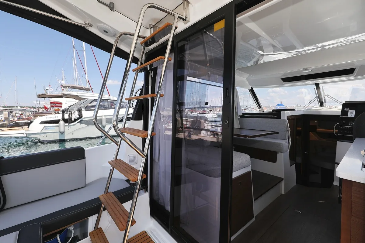 Deck of Raptor, a Jeanneau Merry Fisher 1095 Fly motorboat at Grad Biograd na Moru, Croatia