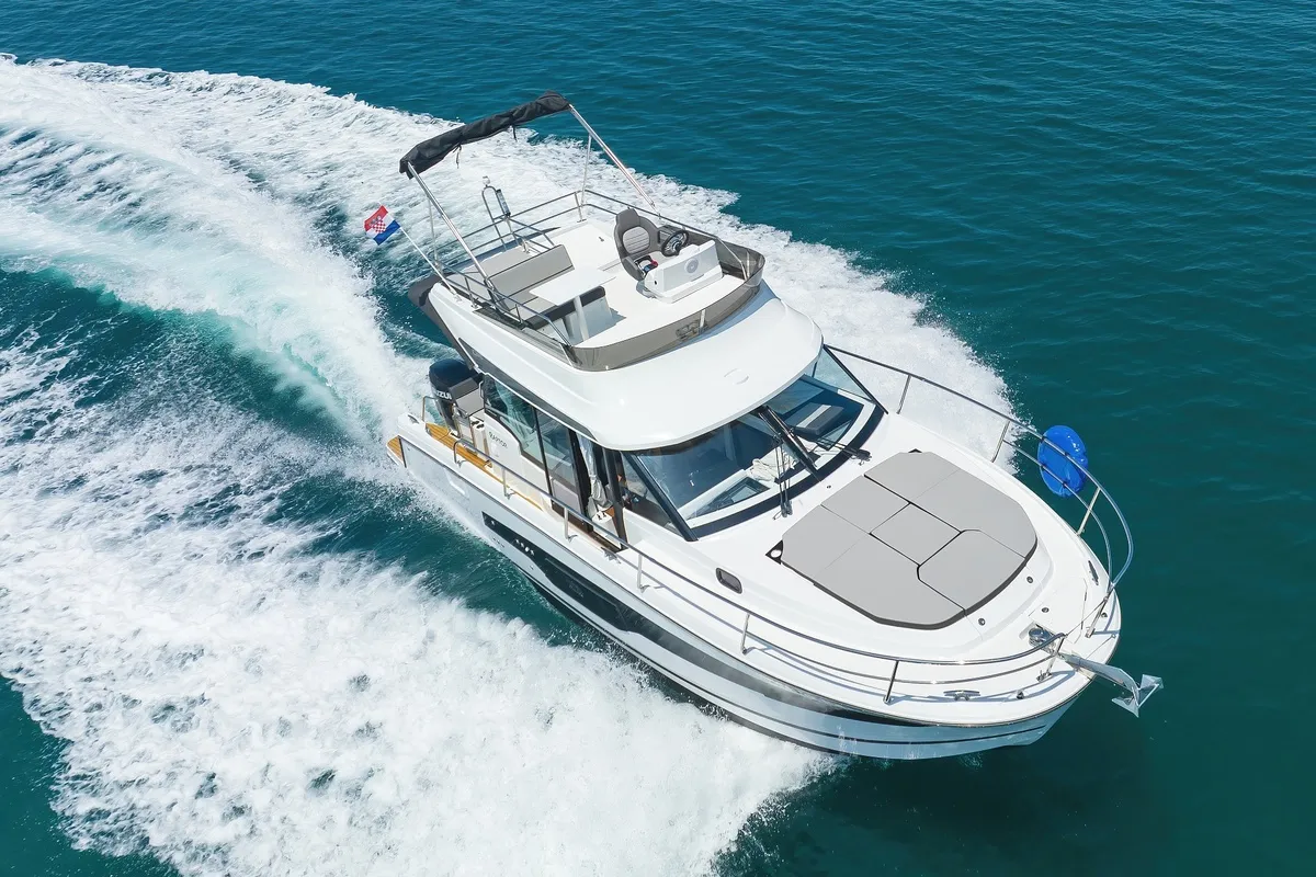 Exterior view of Raptor, a Jeanneau Merry Fisher 1095 Fly motorboat at Grad Biograd na Moru, Croatia