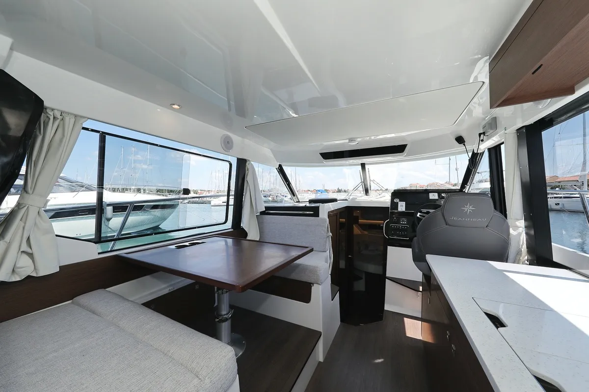 Salon of Raptor, a Jeanneau Merry Fisher 1095 Fly motorboat at Grad Biograd na Moru, Croatia