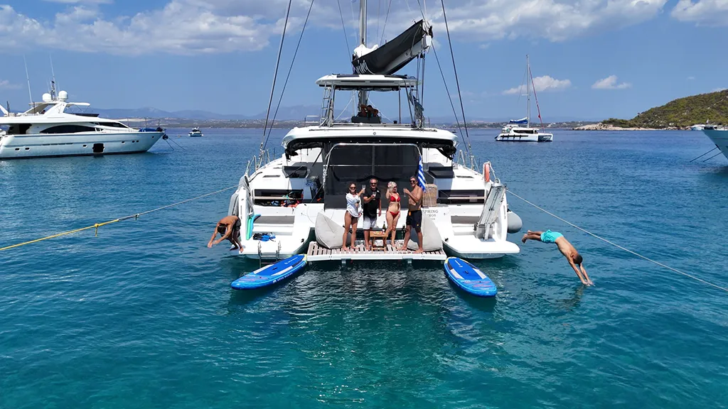 Exterior view of Spring, a Lagoon 51 catamaran at Athens, Greece