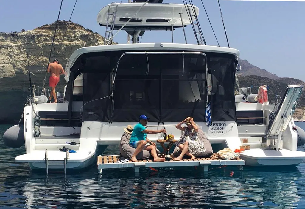 Exterior view of Spring, a Lagoon 51 catamaran at Athens, Greece
