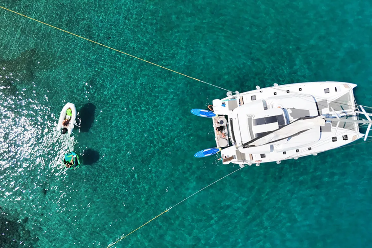 Exterior view of Spring, a Lagoon 51 catamaran at Athens, Greece