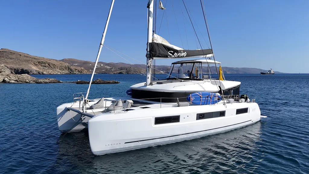 Exterior view of Spring, a Lagoon 51 catamaran at Athens, Greece