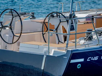 Cockpit of Azzurra, a Bavaria C46 sailboat at Pirovac, Croatia