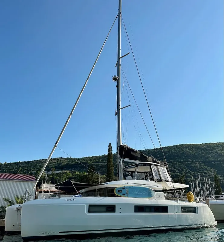 Exterior view of Princess Claire, a Lagoon 50 catamaran at Grad Kaštela, Croatia