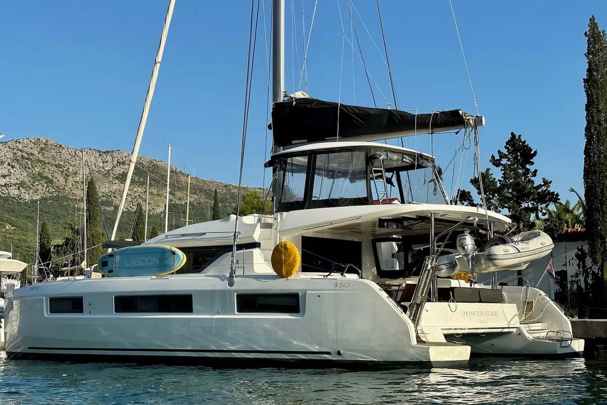 Exterior view of Princess Claire, a Lagoon 50 catamaran at Grad Kaštela, Croatia