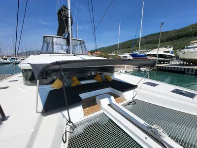 Deck of Princess Claire, a Lagoon 50 catamaran at Grad Kaštela, Croatia