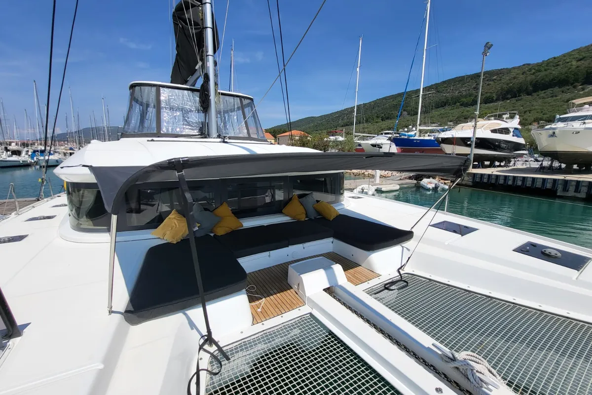 Deck of Princess Claire, a Lagoon 50 catamaran at Grad Kaštela, Croatia