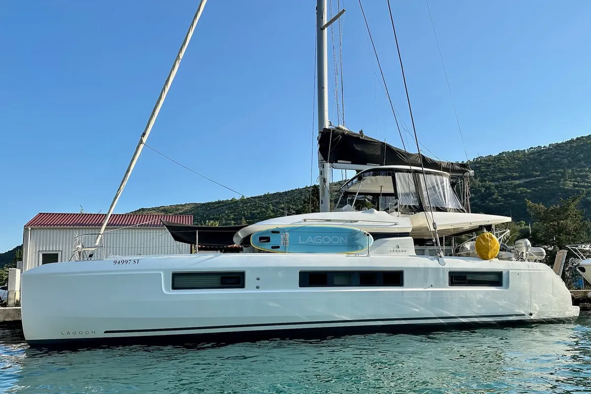 Exterior view of Princess Claire, a Lagoon 50 catamaran at Grad Kaštela, Croatia