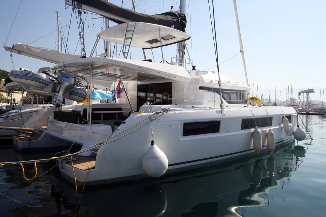 Exterior view of Princess Claire, a Lagoon 50 catamaran at Grad Kaštela, Croatia
