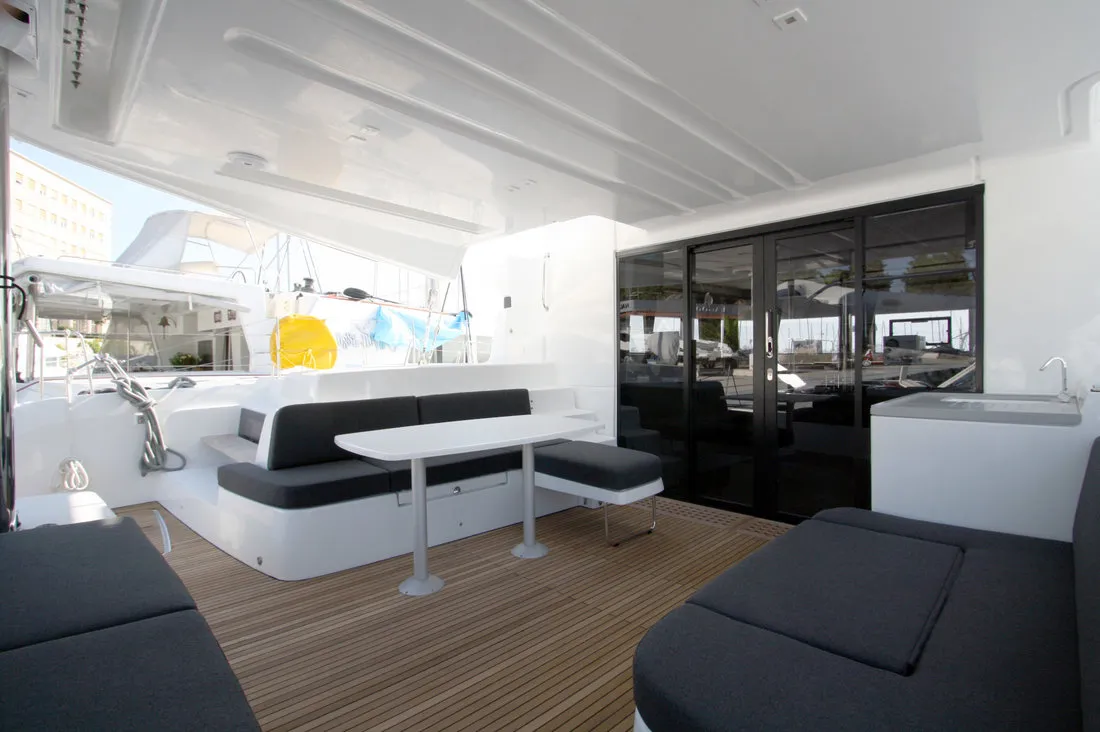 Deck of Princess Claire, a Lagoon 50 catamaran at Grad Kaštela, Croatia