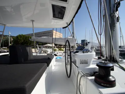 Cockpit of Princess Claire, a Lagoon 50 catamaran at Grad Kaštela, Croatia