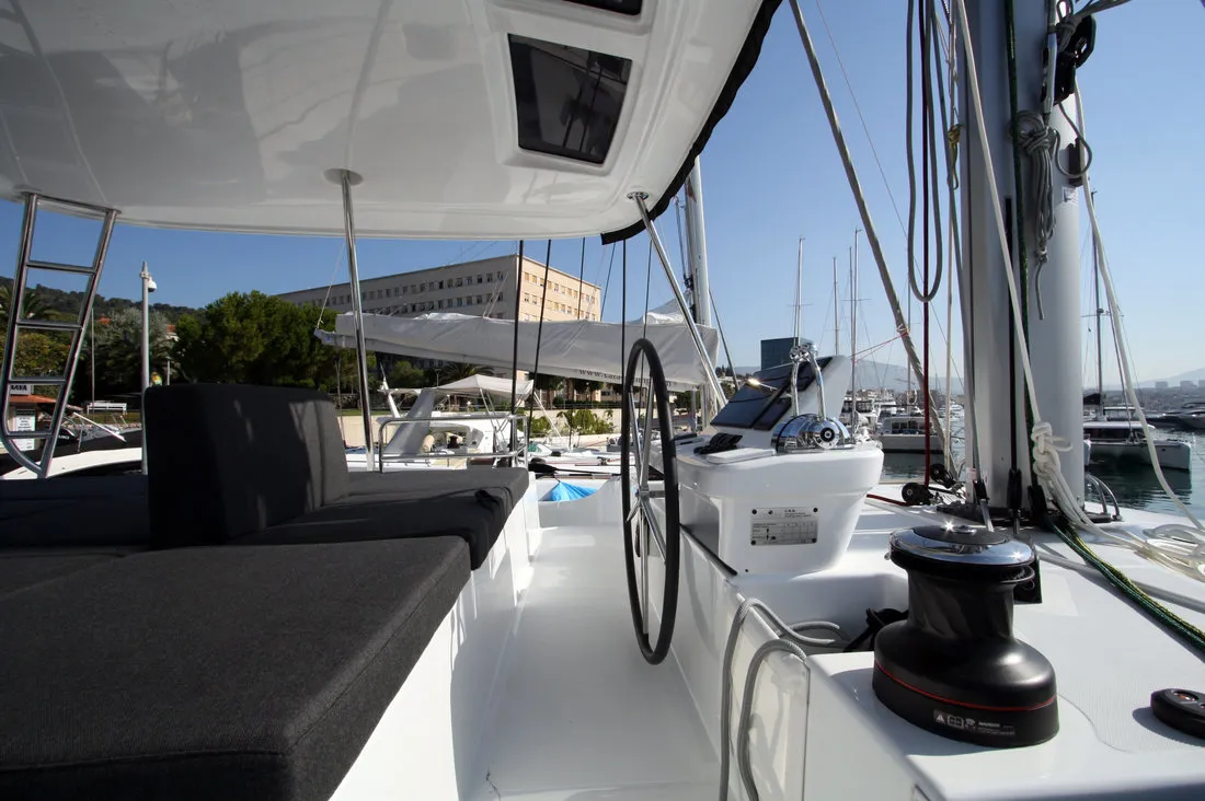 Cockpit of Princess Claire, a Lagoon 50 catamaran at Grad Kaštela, Croatia