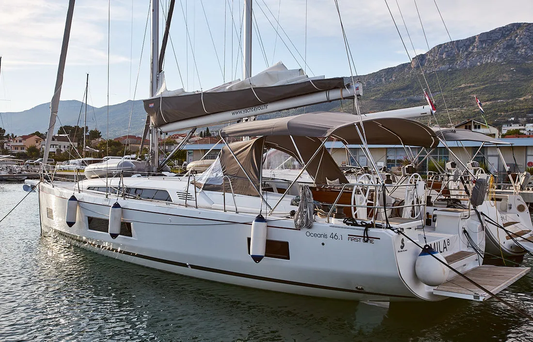 Exterior view of Mila 8, a Beneteau Oceanis 46.1 sailboat at Grad Kaštela, Croatia