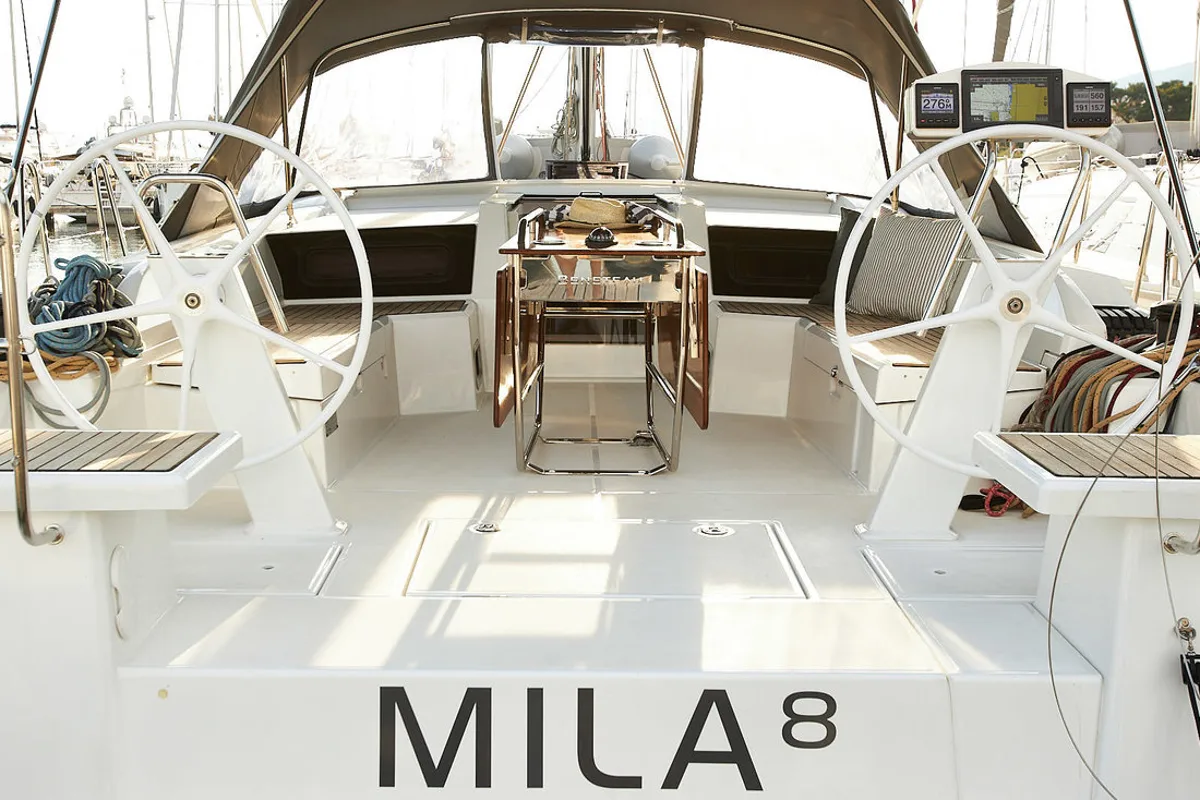 Cockpit of Mila 8, a Beneteau Oceanis 46.1 sailboat at Grad Kaštela, Croatia