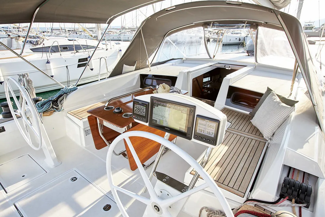 Cockpit of Mila 8, a Beneteau Oceanis 46.1 sailboat at Grad Kaštela, Croatia