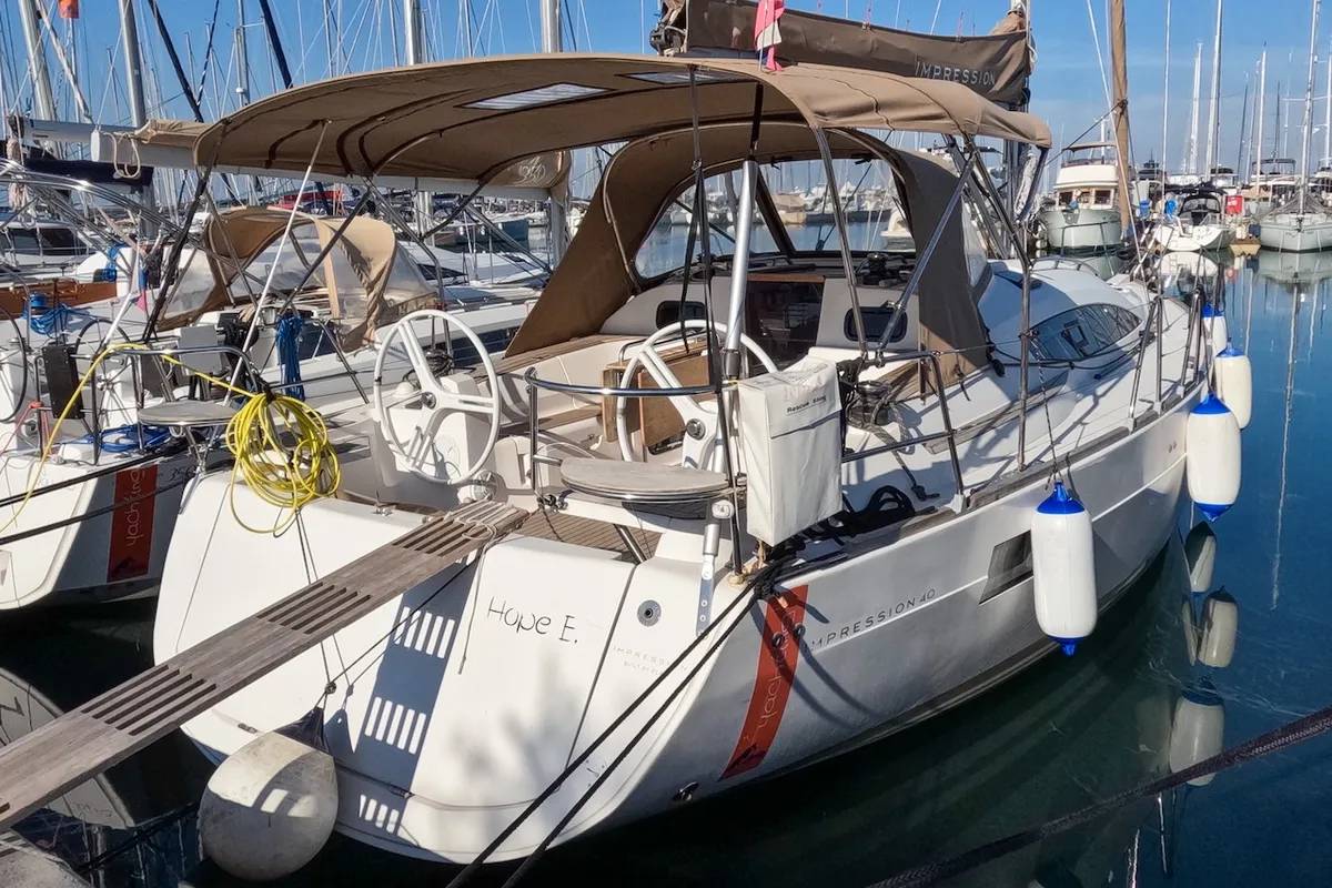 Exterior view of Hope E., a Elan Impression 40 sailboat at Izola / Isola, Slovenia