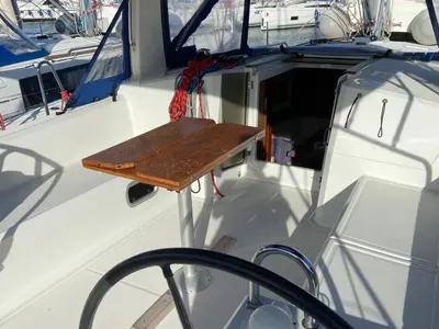 Cockpit of Caroline, a Beneteau Oceanis 38 sailboat at Procida, Italy