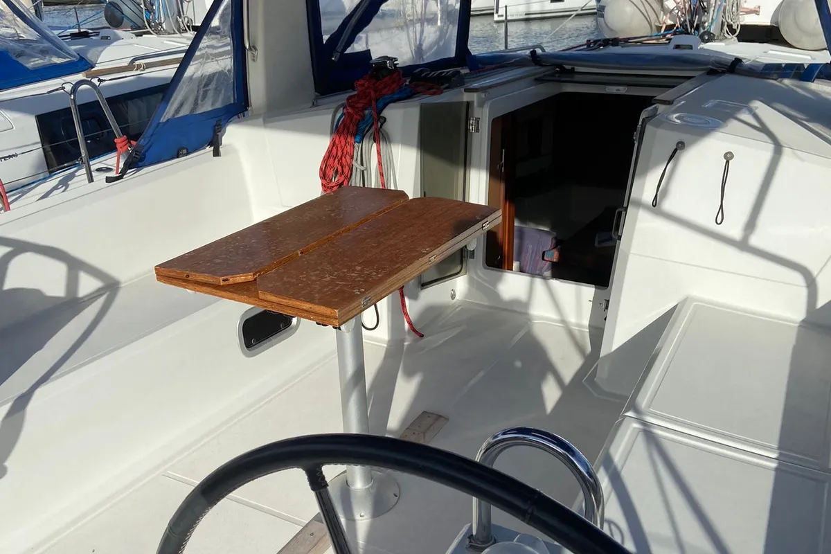 Cockpit of Caroline, a Beneteau Oceanis 38 sailboat at Procida, Italy