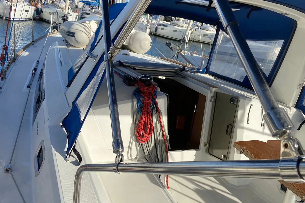 Deck of Caroline, a Beneteau Oceanis 38 sailboat at Procida, Italy