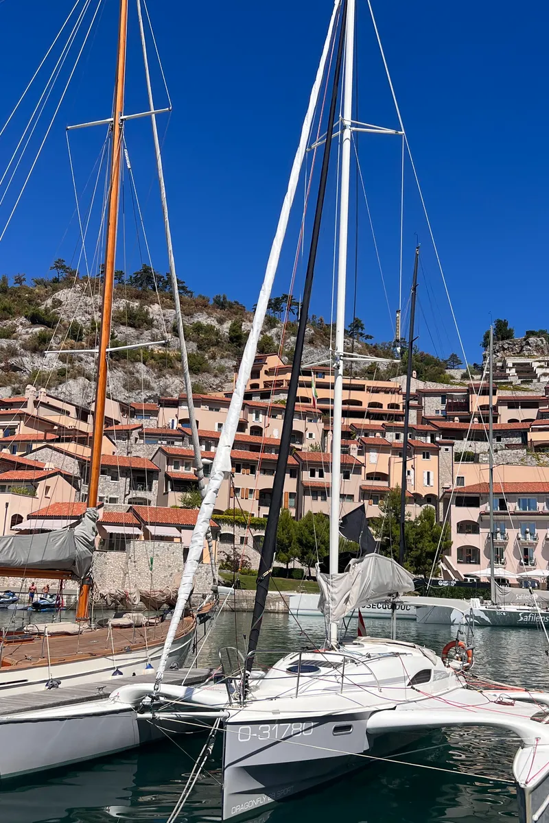 Exterior view of Gulet Trimaran, a sailboat at Duino Aurisina, Italy