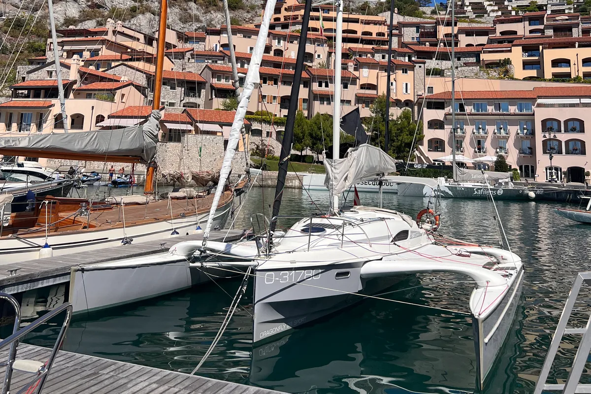 Exterior view of Gulet Trimaran, a sailboat at Duino Aurisina, Italy