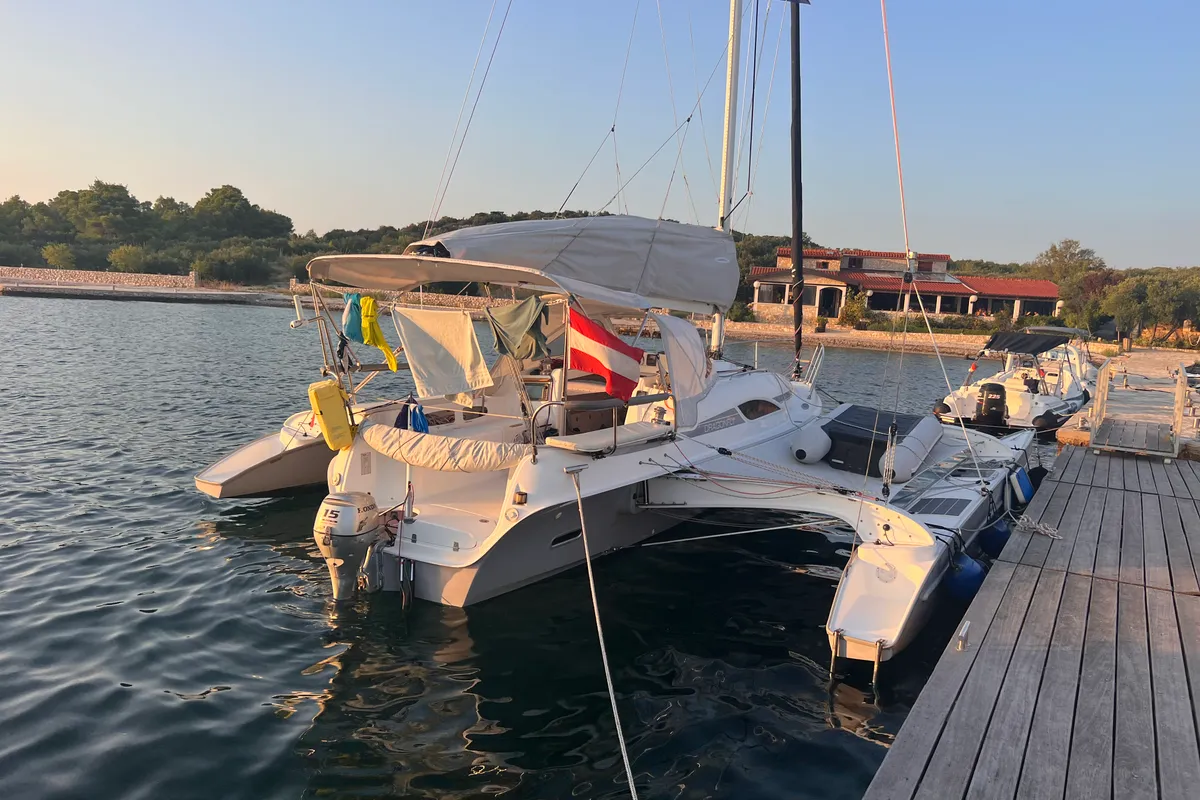 Exterior view of Gulet Trimaran, a sailboat at Duino Aurisina, Italy