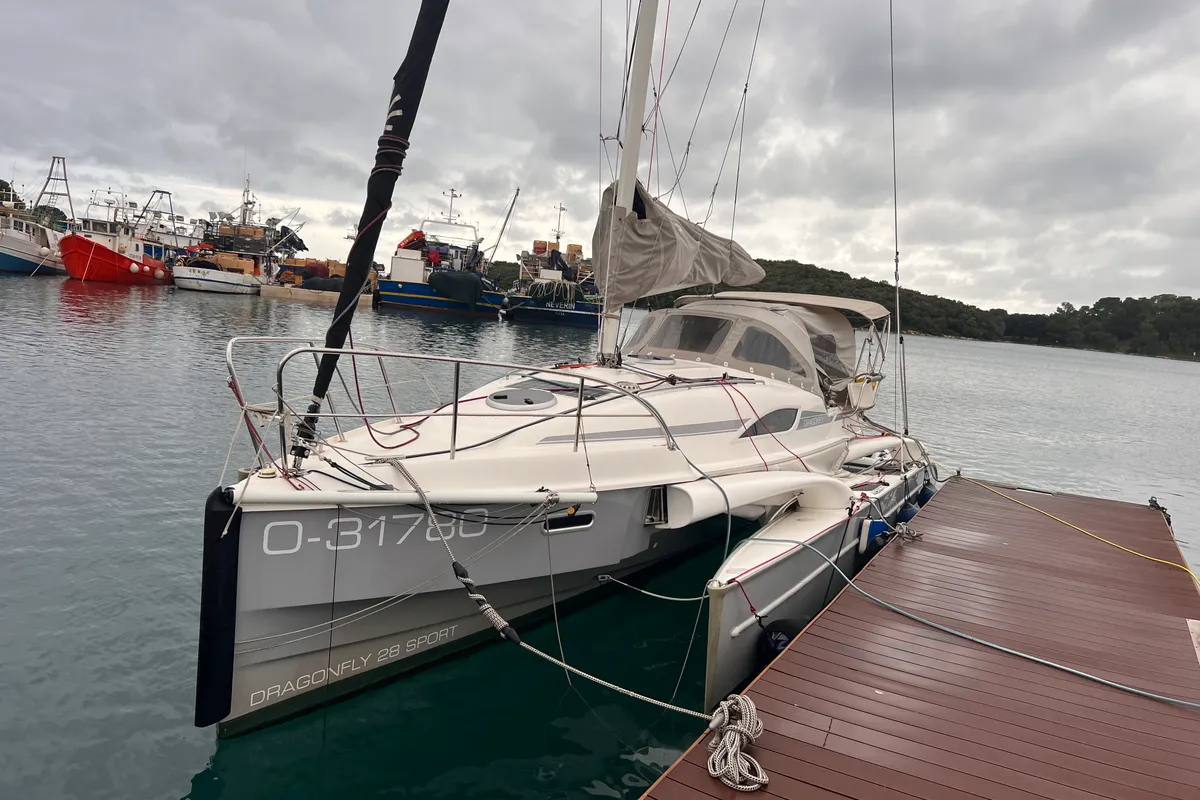 Exterior view of Gulet Trimaran, a sailboat at Duino Aurisina, Italy