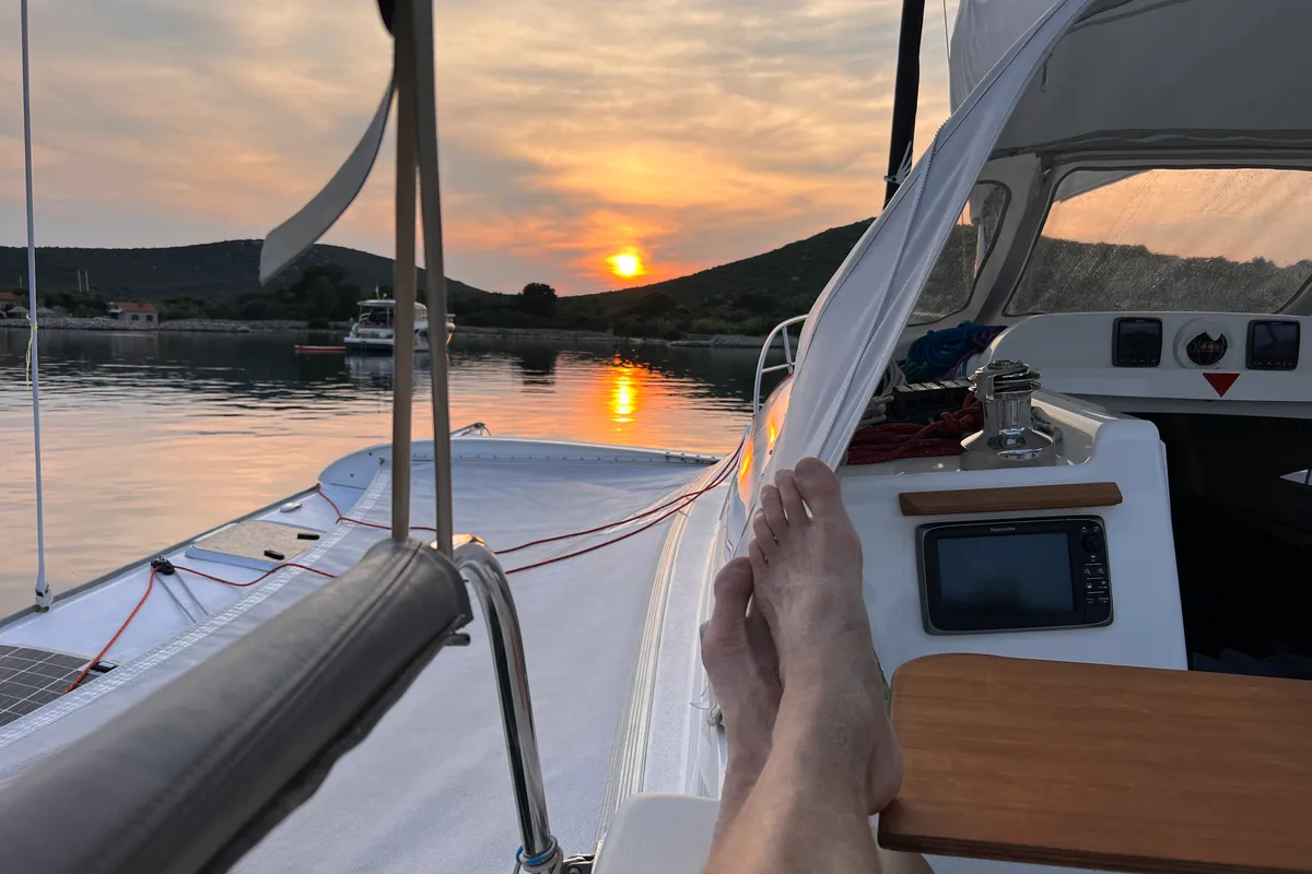 Deck of Gulet Trimaran, a sailboat at Duino Aurisina, Italy