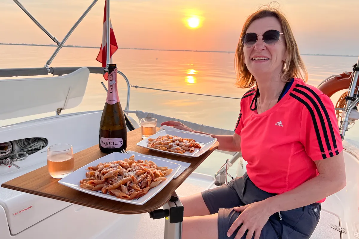 Deck of Gulet Trimaran, a sailboat at Duino Aurisina, Italy